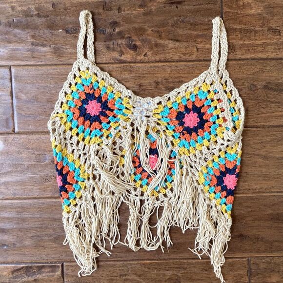 Vivid Boho Crochet Fringe Tank Top XL Granny Square Patchwork Summer Festival - Picture 2 of 5
